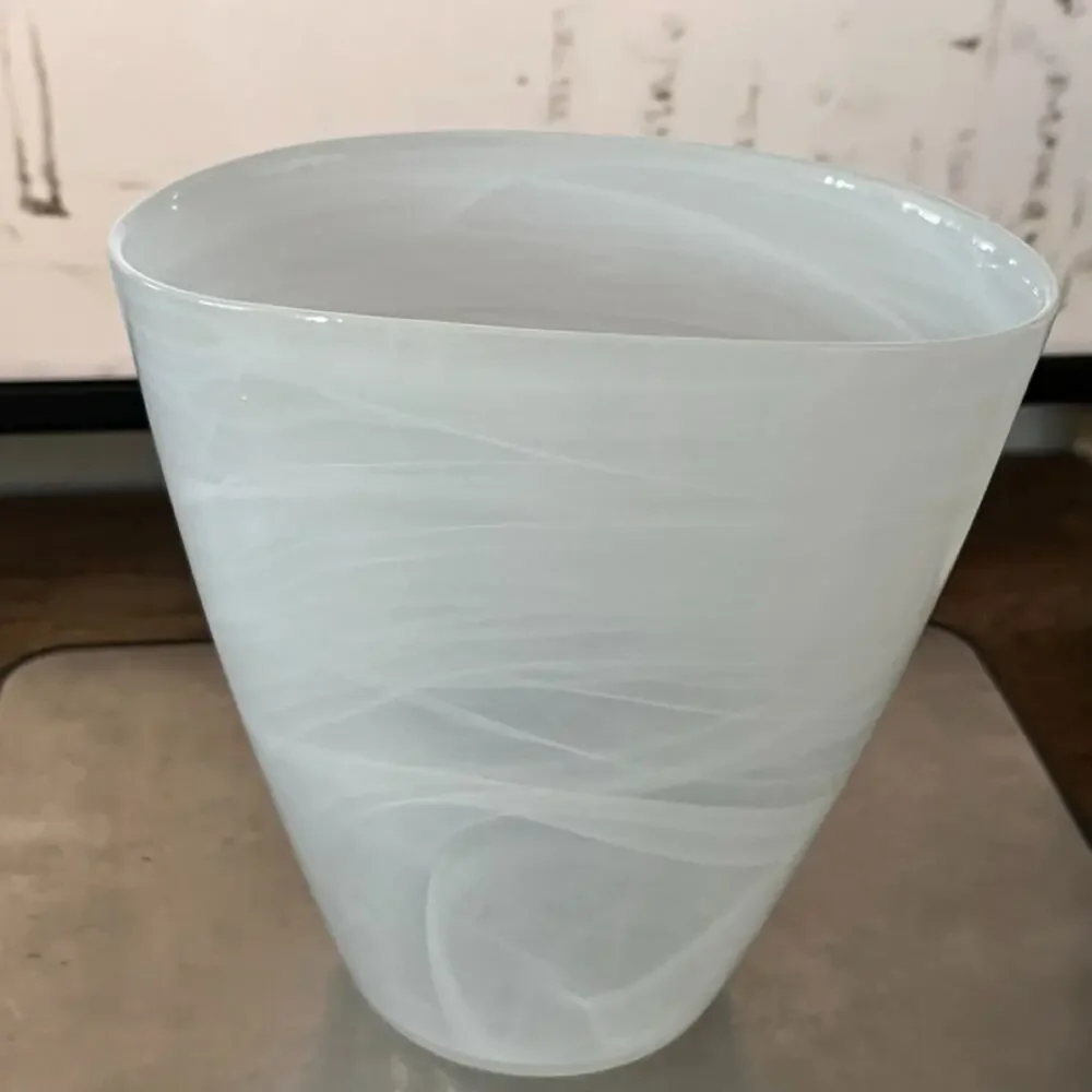 White Opulent Swirls Glass Art Oval Round Vase 7.25